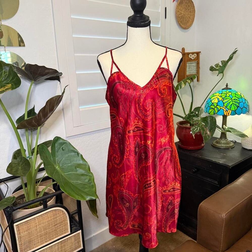 Y2K Morgan Taylor Intimates Red Paisley Satin Slip Dress Strappy Mini M